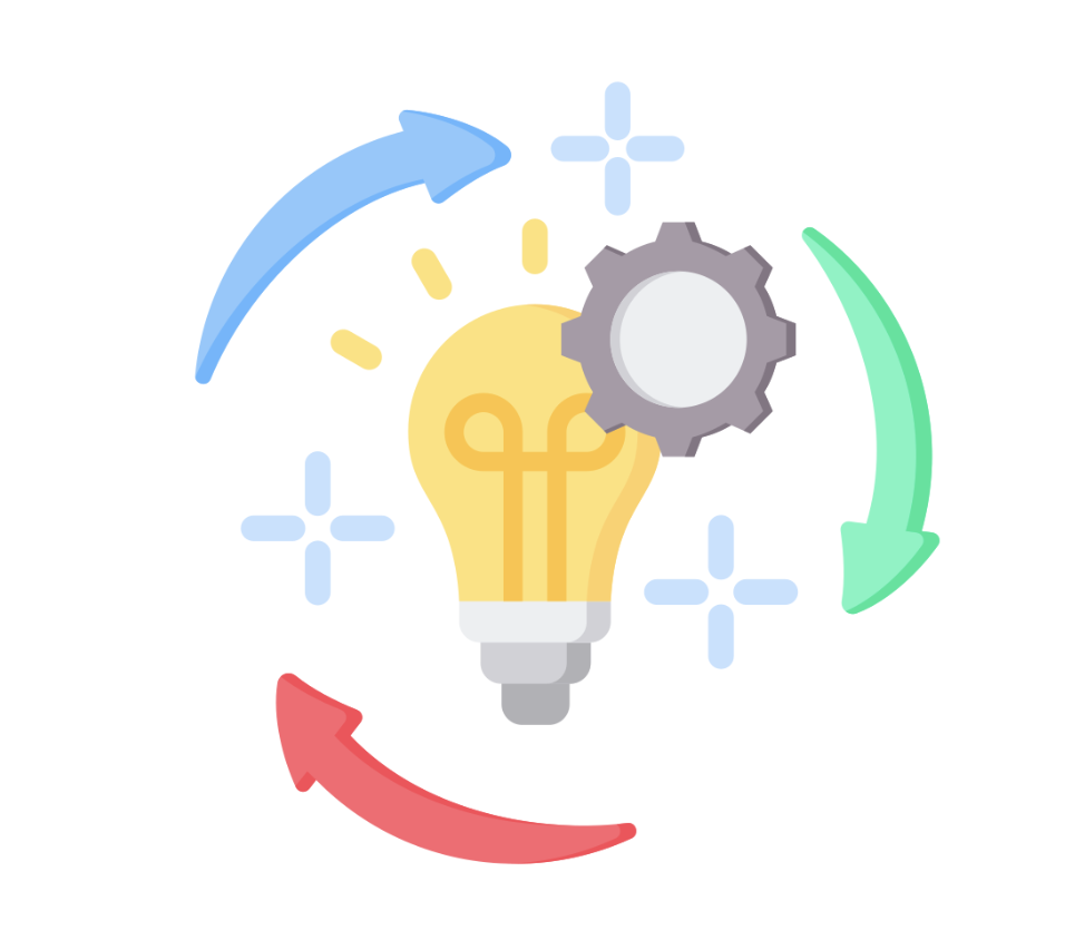 An illustration of a light bulb with gears and arrows symbolizing Continuous Improvement through Feedback.